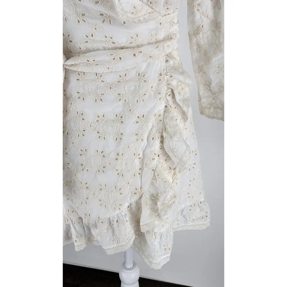 Sezane Robe Asianne Eyelet Mini Wrap Dress Womens Size 2 Ecru Cream New Flawed